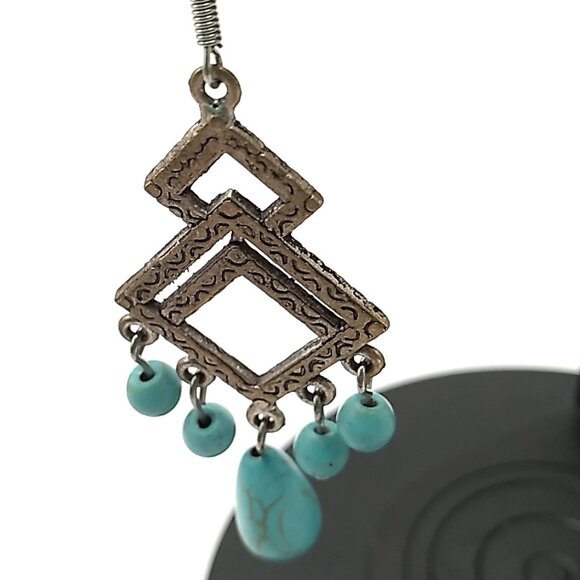 Turquoise Antique Silver Dangle Earrings 2.25" Drop - Picture 10 of 14